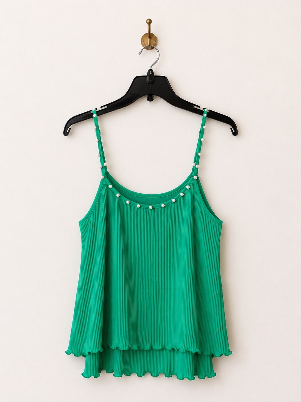 Pearl-Trim Green Pleated Tank Top